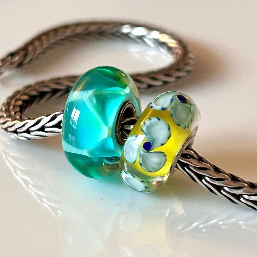 TROLLBEADS Lot of 2 Yellow & Teal Green LAA 925 Spring Wave & Flower Spinner NEW